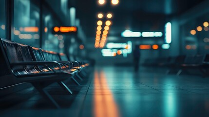 Serene Ambiance in Empty Airport Terminal with Blurred Bokeh Lights and Seating Rows