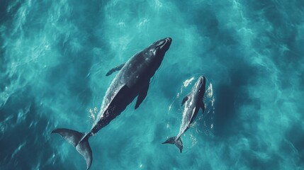 Fototapeta premium Mother whale swims alongside her calf in clear blue ocean waters, showcasing a nurturing bond in their natural habitat. Generative AI