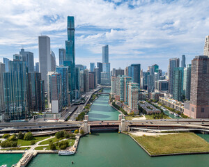 Aerial View of Chicago's Skyline and River.  September 2023.