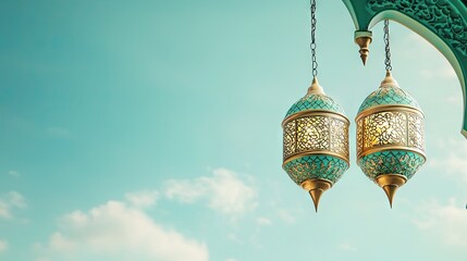 Obraz premium Ramadan lanterns hanging against a sky, Islamic architecture