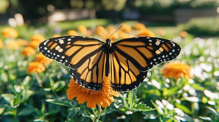 Fototapeta premium Monarch butterfly garden bloom sunlight nature