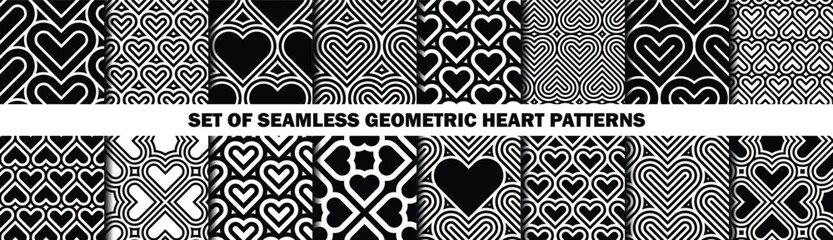Vector set of 16 geometric heart patterns. Collection of textures for Valentine's Day, wedding, holiday, love.