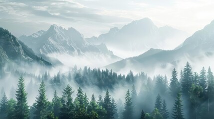 Fototapeta premium A serene mountain landscape shrouded in mist, showcasing nature's beauty and tranquility.