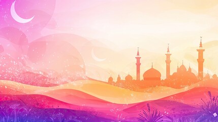 Obraz premium Festive Muslim city skyline, celebration, desert landscape, greeting card