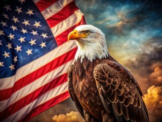 Naklejka premium Majestic Bald Eagle, American Flag, Vintage Photo, Wildlife Conservation, National Pride