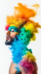 Smoke in vibrant rainbow colors, twisting into abstract forms on a stark white background, Smoke Effect, LGBTQ pride