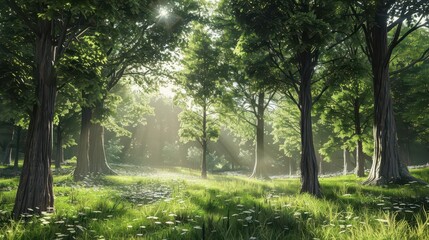 Naklejka premium A serene forest scene with sunlight filtering through trees, creating a tranquil atmosphere.