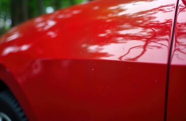 Close-up view of glossy red car paint. Smooth surface with high luster. Vehicle bodywork shows...