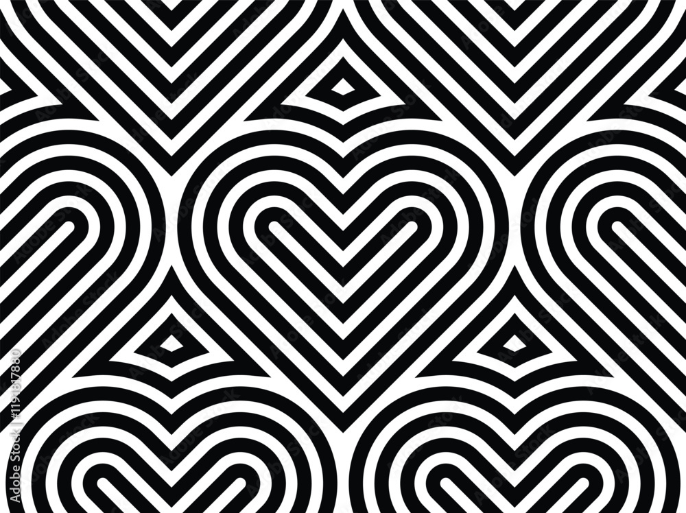 Poster Vector geometric pattern. Seamless linear pattern with hearts.