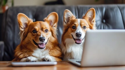 Two corgis on sofa using laptop. Home office background