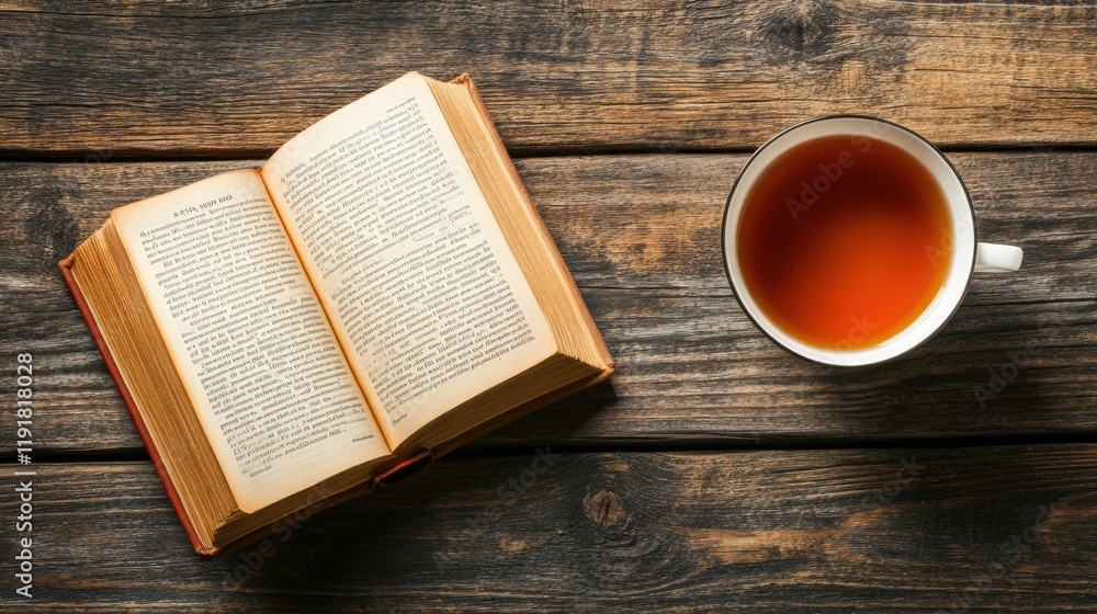 Poster Enjoying tea while reading a book on a cozy wooden table in a tranquil setting during the afternoon. Generative AI