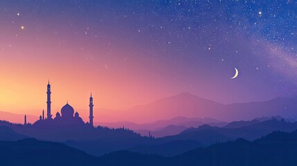 Mosque silhouette at sunset, mountains, crescent moon, starry night sky; Ramadan greeting