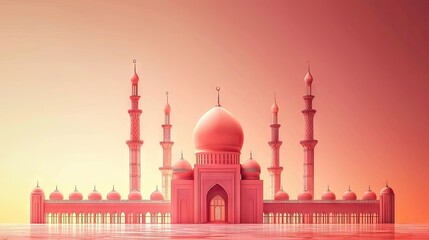 Pink Mosque Sunset, Peaceful Prayer, Islamic Architecture, Eid Celebration, Religious Card