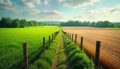 Obraz premium Two fields separated by fence. One field green, thriving. Field parched, dull golden. Pathway runs through middle of fields. Vivid contrast illustrates grass always greener on side concept. Peaceful