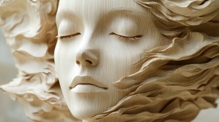 Intricate Wooden Sculpture: A Serene Woman's Face