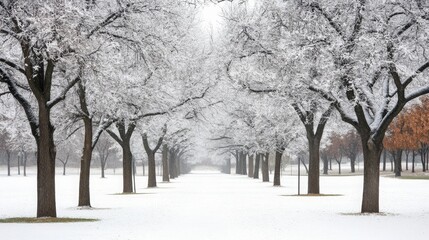 Serene Winter Landscape Featuring Snow-Covered Trees Lining a Pathway in a Peaceful Park Setting with Soft Gray Sky and Tranquil Atmosphere