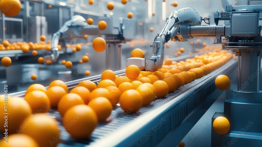 Poster robotic system sorting oranges on conveyor belt, automated fruit sorting in high-tech factory