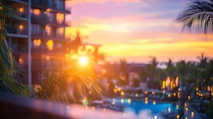 With a wide-angle view of luminous blurred bokeh effect, charming hotel views and dynamic travel activities come to life in vibrant morning light, as the sun rises over the horizon