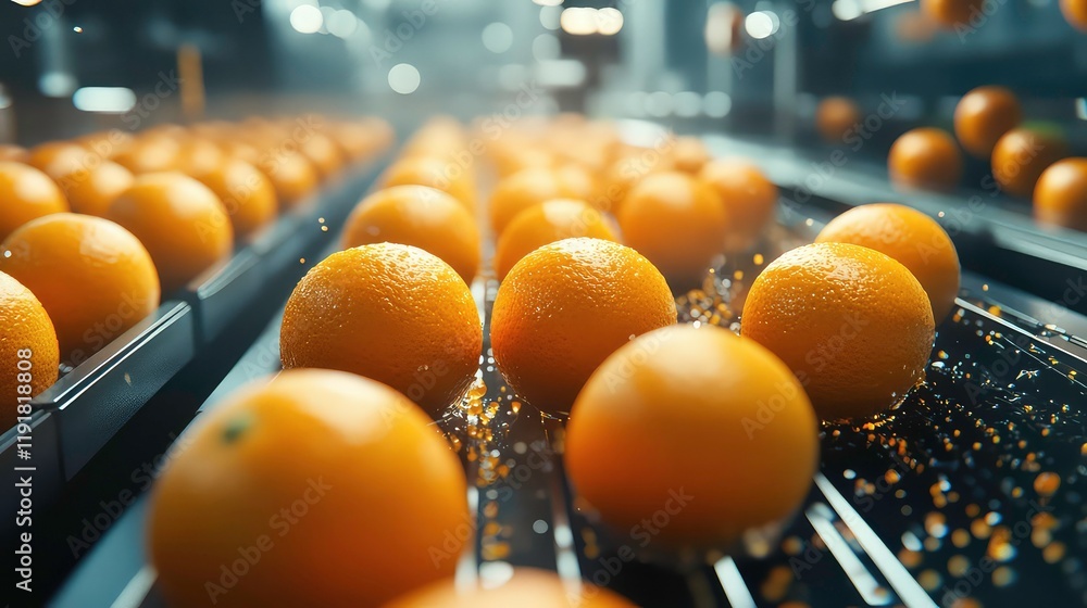 Poster robotic system sorting oranges on conveyor belt, automated fruit sorting in high-tech factory