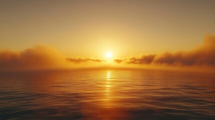 Naklejka premium Ocean sunrise, fog, golden sky, calm sea, travel