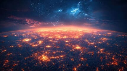 Fototapeta premium Night city lights glow, fiery sunset, starry sky, futuristic concept