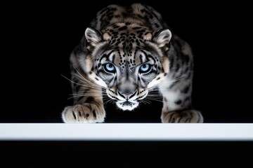 Obraz premium Snow leopard crouched low with intense blue eyes, poised and ready to pounce, set against a high-contrast dark background.