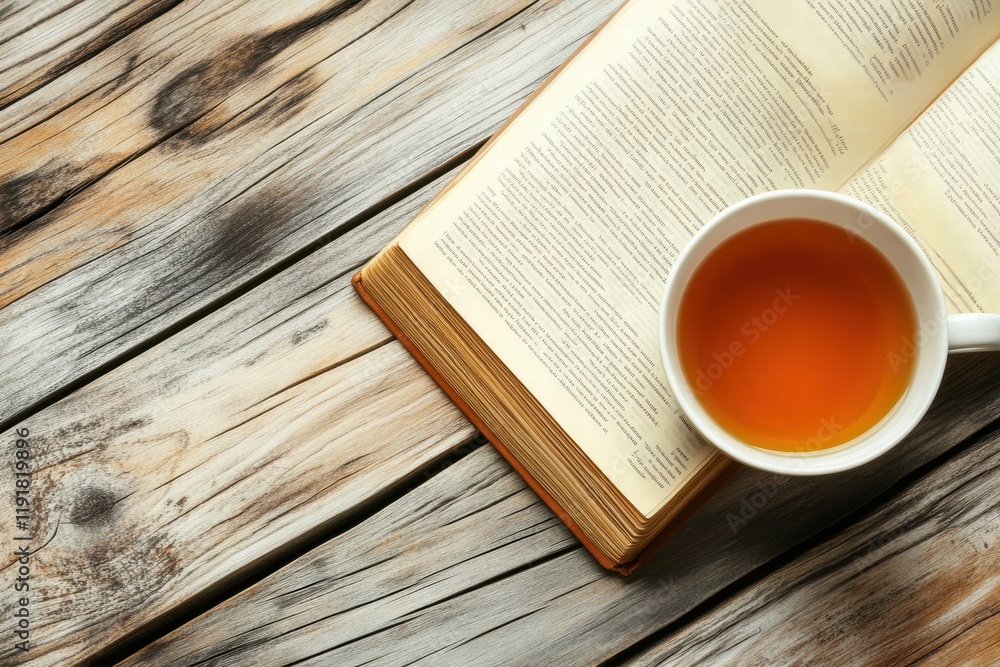 Aufkleber Enjoying a warm cup of tea with an open book on a rustic wooden table in a cozy setting. Generative AI