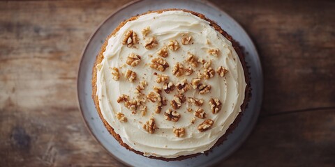 Walnut-topped carrot cake on wood. Dessert
