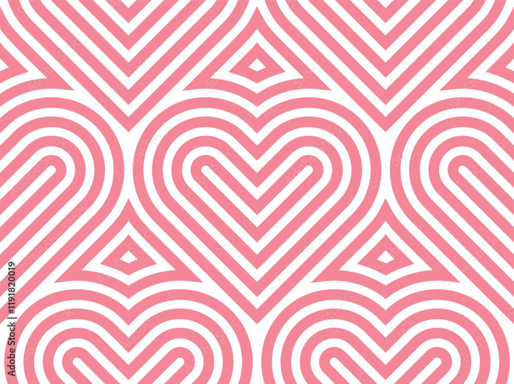 Poster Vector pink geometric pattern. Seamless linear pattern with hearts.