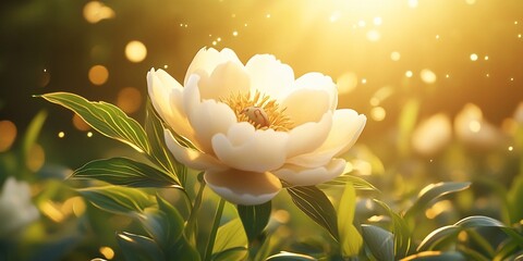 White peony blooms in sunset garden. Peaceful nature background