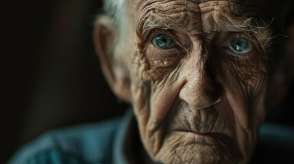 A close-up portrait of an elderly man, highlighting his deep wrinkles and expressive eyes.
