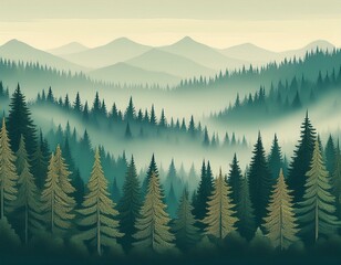 seamless natural panoramic background misty landscape with fir forest hipster vintage retro style