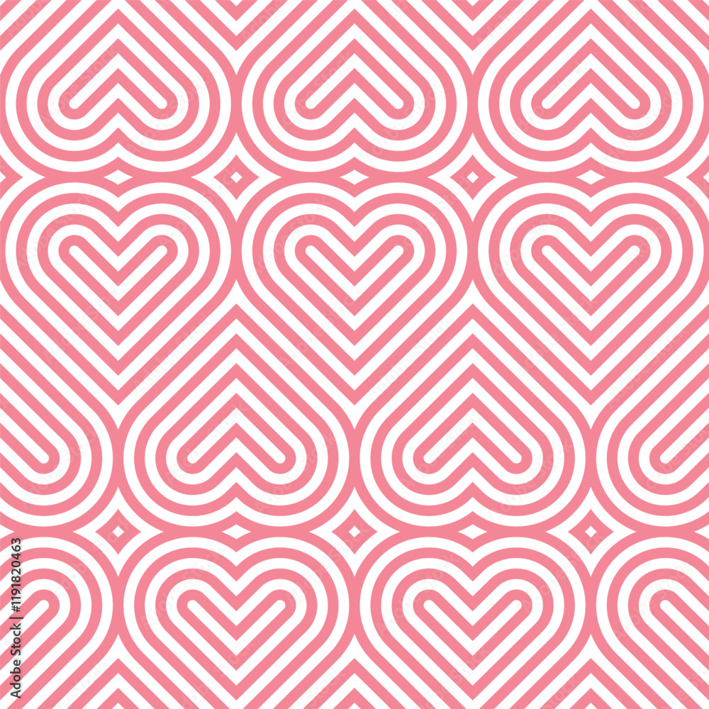 Poster Vector pink geometric pattern. Seamless linear pattern with hearts.