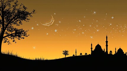 Night, mosque, crescent moon, stars, silhouette, peaceful scene, Ramadan, Islamic, greeting card