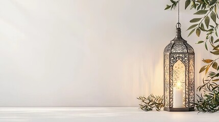 Illuminated lantern with plants, peaceful background; Ramadan, peace, serenity