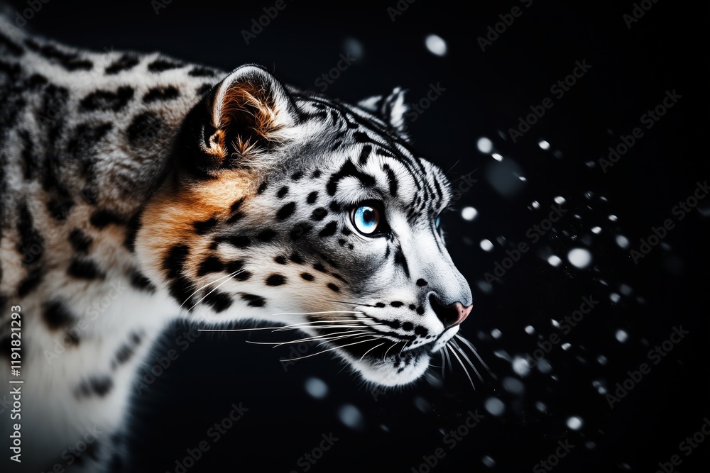 Wall mural snow leopard in a dynamic pose, stalking through the snow with a focused expression under falling sn