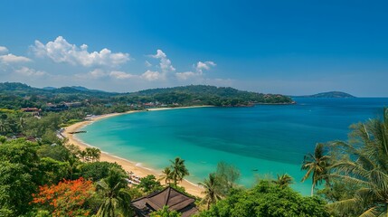 Fototapeta premium With a wide-angle view of sparkling turquoise waters and palm-fringed golden sands, a tropical holiday destination offers a luxurious beach experience, 