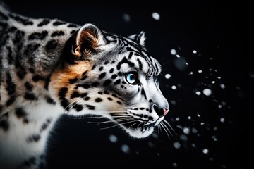 Naklejka premium Snow leopard in a dynamic pose, stalking through the snow with a focused expression under falling snowflakes.