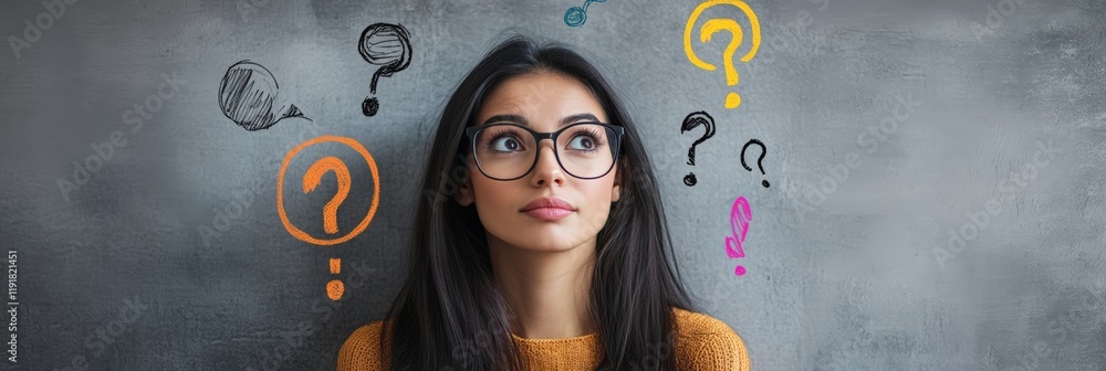 Aufkleber pensive young woman wearing eyeglasses looking up with many colorful question and exclamation marks 