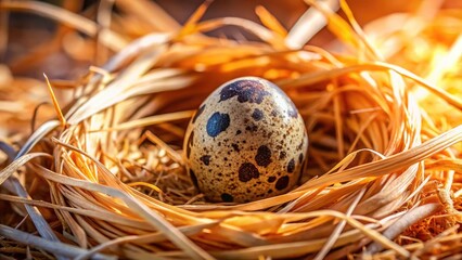 Obraz premium Panoramic Close-up of Quail Eggshell in Straw Nest - Nature Photography