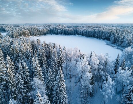 forest in estonia with frozen lake covered with snow aerial view winter seasonal landscape - Powered by Adobe