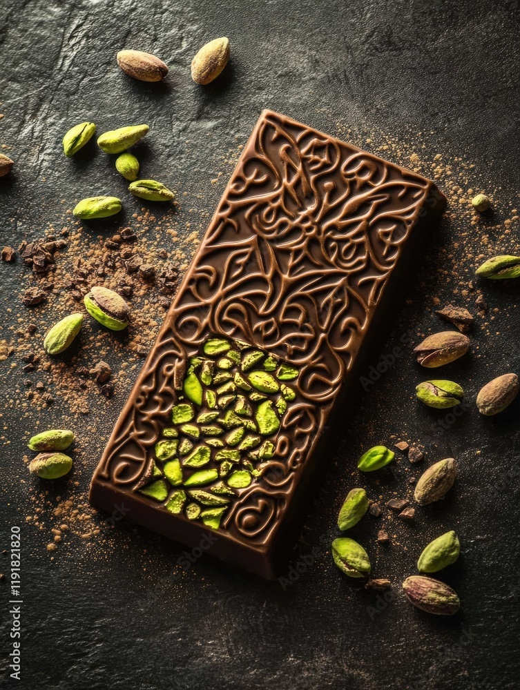 Poster pistachio filled chocolate bar adorned with intricate arabesque patterns and golden details on a dar