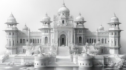 Grand palace, tiered steps, ornate architecture.