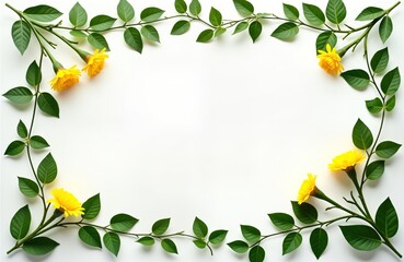 Fototapeta premium Fresh green leaves, yellow flowers create frame on white background. Eco friendly design. Creative arrangement. Natural image. Perfect for spring summer themes. Botanical concept. Simple composition.