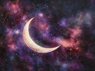 Fototapeta premium Crescent Moon in a Starry Purple Galaxy Night Sky
