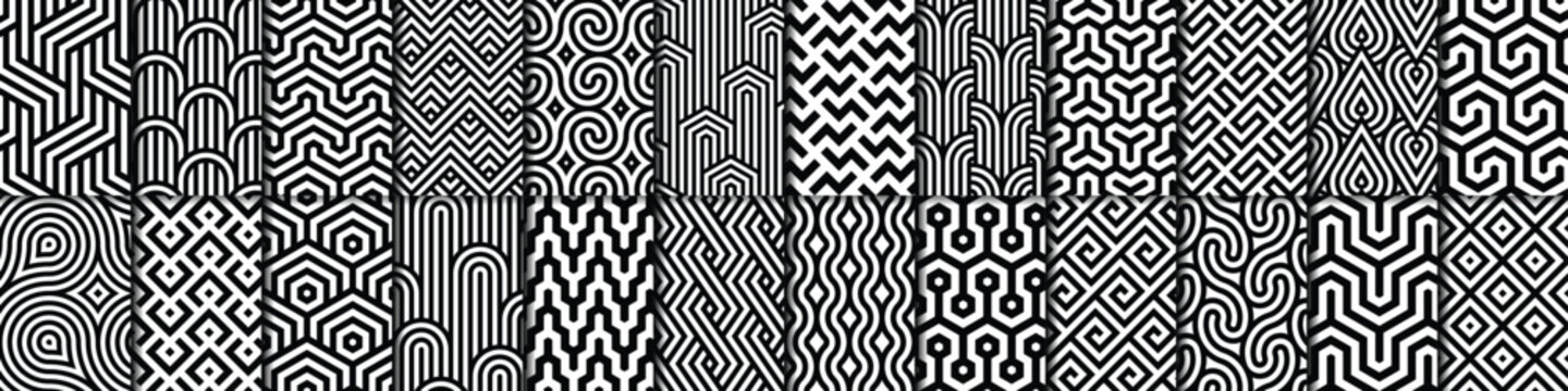 Vector set of 24 geometric linear patterns. Collection of seamless modern textures for your design.