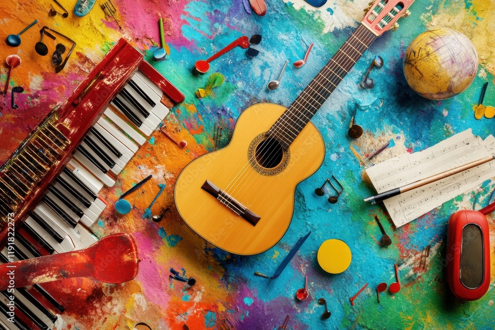 Fototapete Creative explosion of musical instruments and colorful notes on vibrant artistic surface. Generative AI