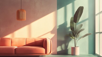 Sunlit coral sofa, plant, pastel wall, interior design