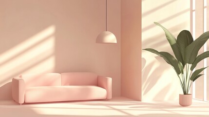 Pink sofa, sunlit room, plant, minimalist interior design