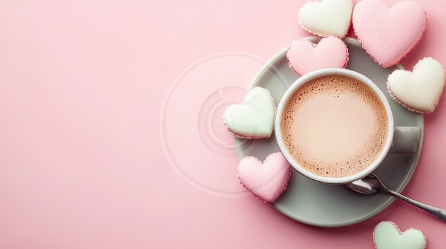 Romantic Valentine's Day coffee and macarons